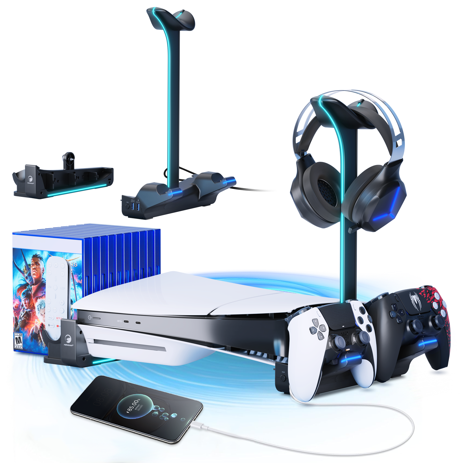 Honcam RGB Horizontal Stand PS5 Slim Console Accessories 2 USB Hubs Charging Stand Dock for Playstation 5 Slim Console