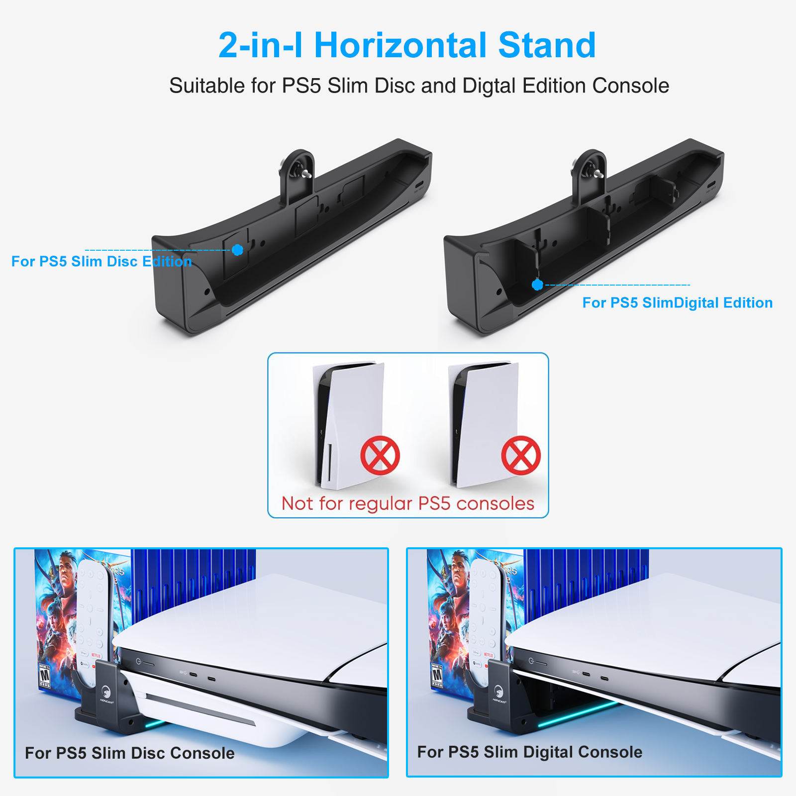 Honcam RGB Horizontal Stand PS5 Slim Console Accessories 2 USB Hubs Charging Stand Dock for Playstation 5 Slim Console
