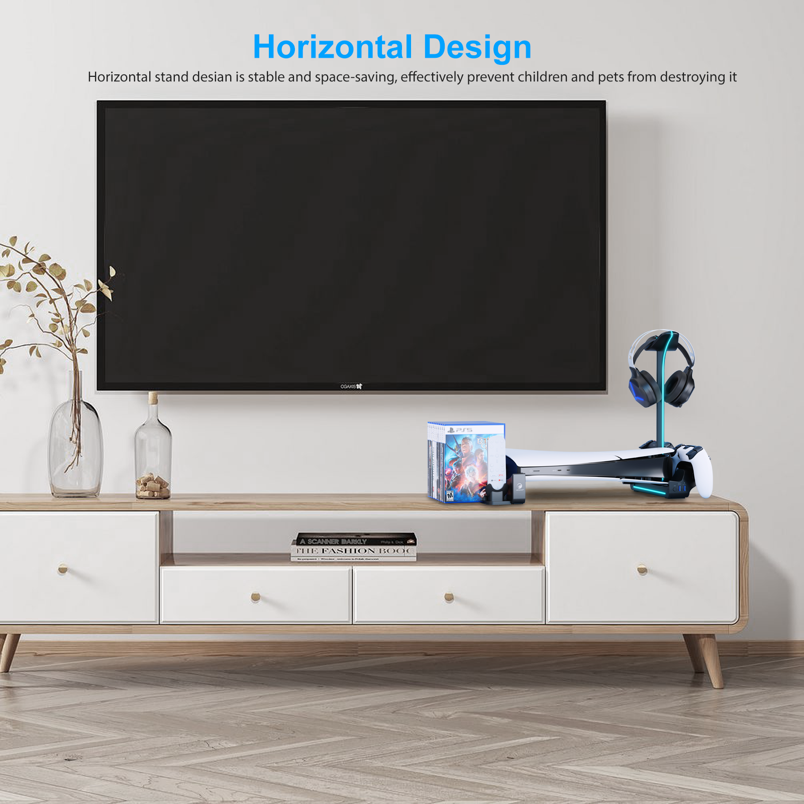 Honcam RGB Horizontal Stand PS5 Slim Console Accessories 2 USB Hubs Charging Stand Dock for Playstation 5 Slim Console