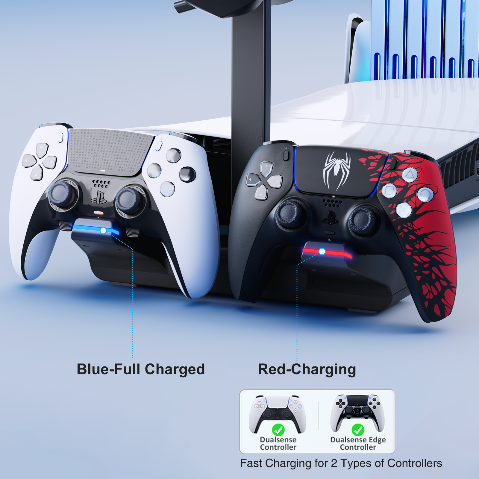 Honcam RGB Horizontal Stand PS5 Slim Console Accessories 2 USB Hubs Charging Stand Dock for Playstation 5 Slim Console