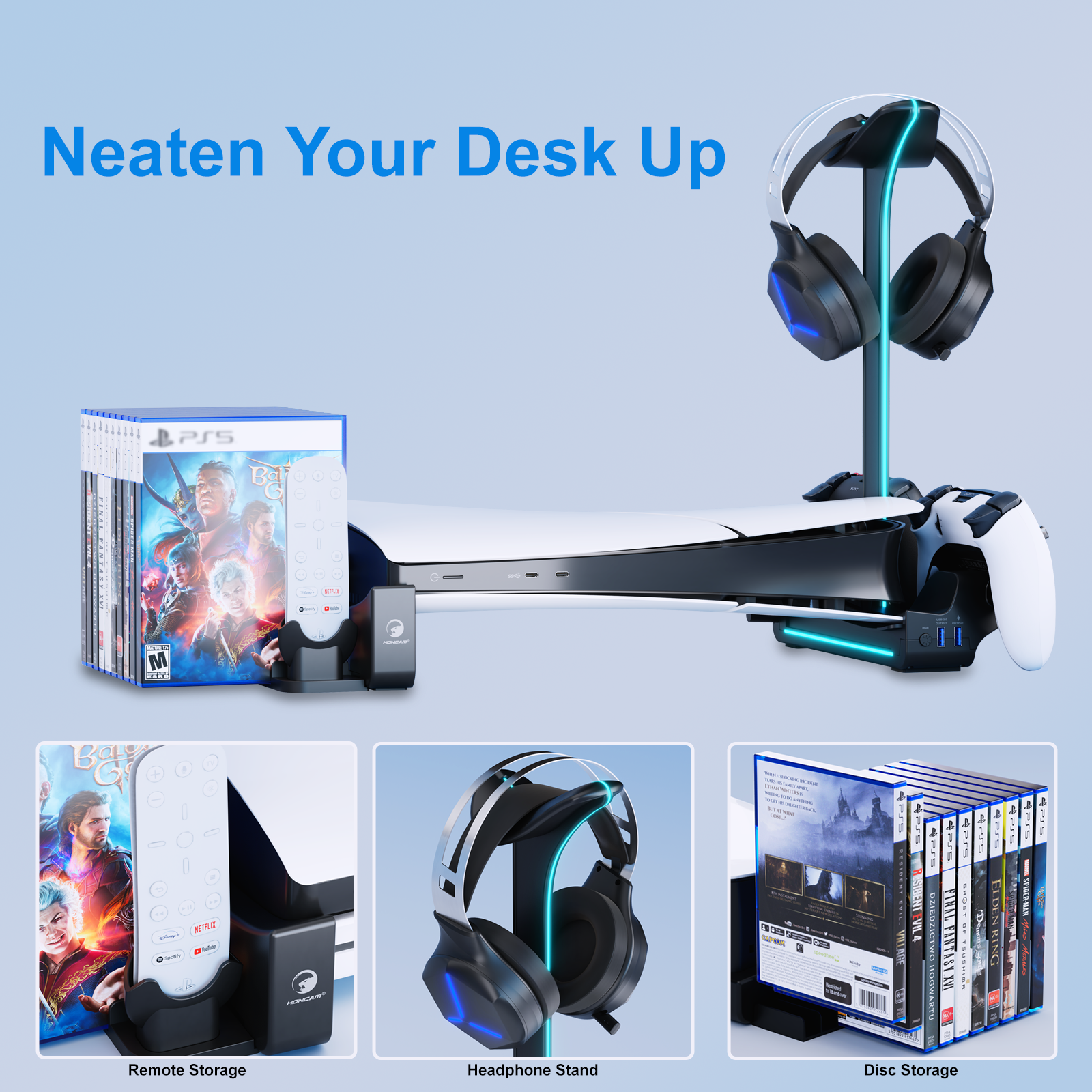 Honcam RGB Horizontal Stand PS5 Slim Console Accessories 2 USB Hubs Charging Stand Dock for Playstation 5 Slim Console