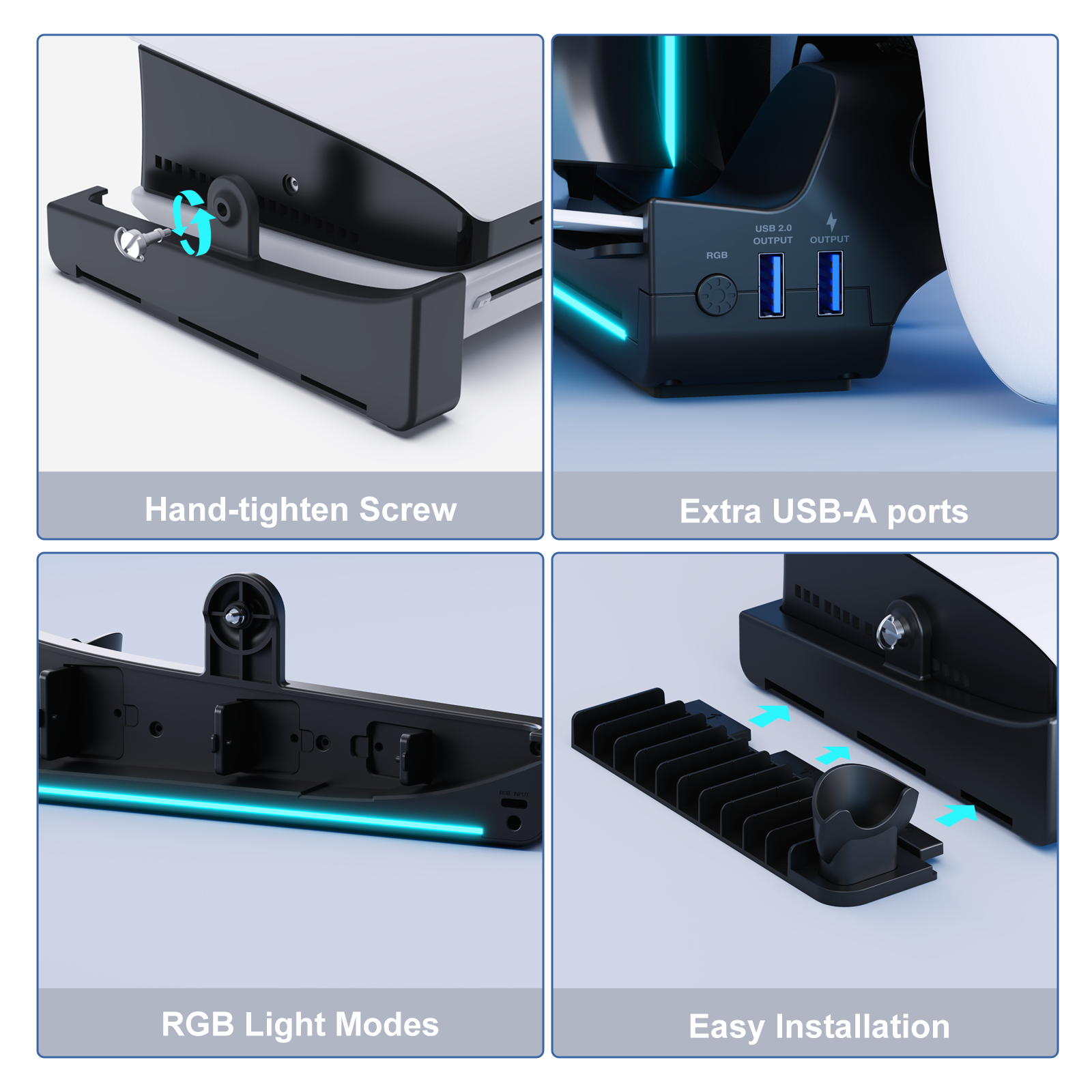 Honcam RGB Horizontal Stand PS5 Slim Console Accessories 2 USB Hubs Charging Stand Dock for Playstation 5 Slim Console