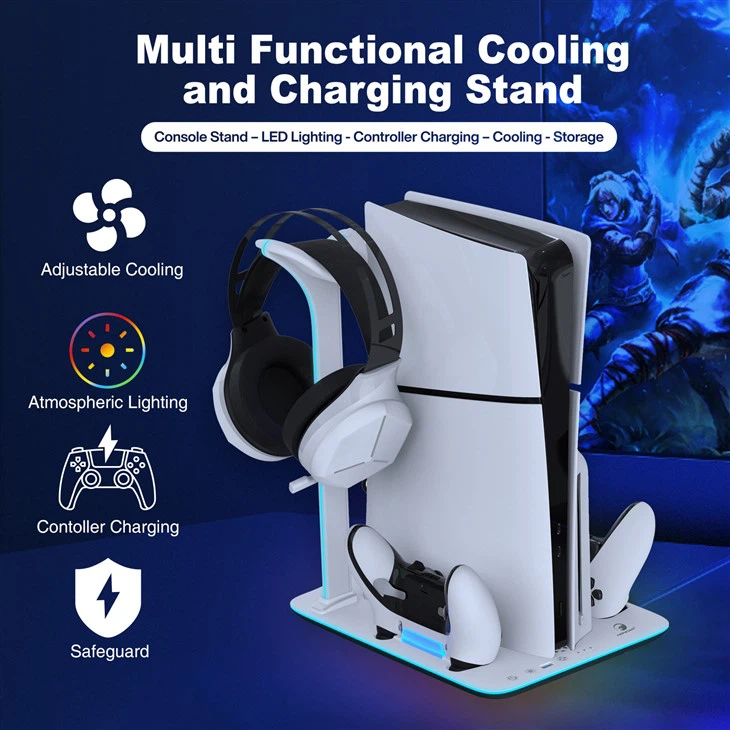 Honcam PS5 Slim 3 Level Cooling Fan Dual Controller Charging Station For Dualsense Edge Controller PS5 Slim New Console